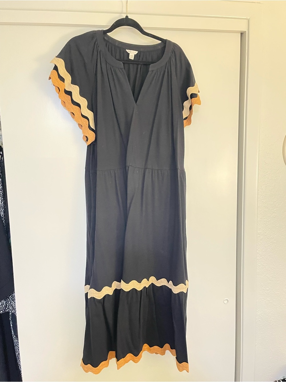 Cato Black Maxi Dress with Brown and Cream Scalloped Trim
